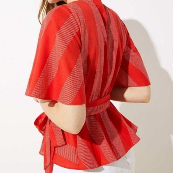 LOFT Petite Red Cotton Striped Wrap Top Sz  LP - Picture 2 of 12